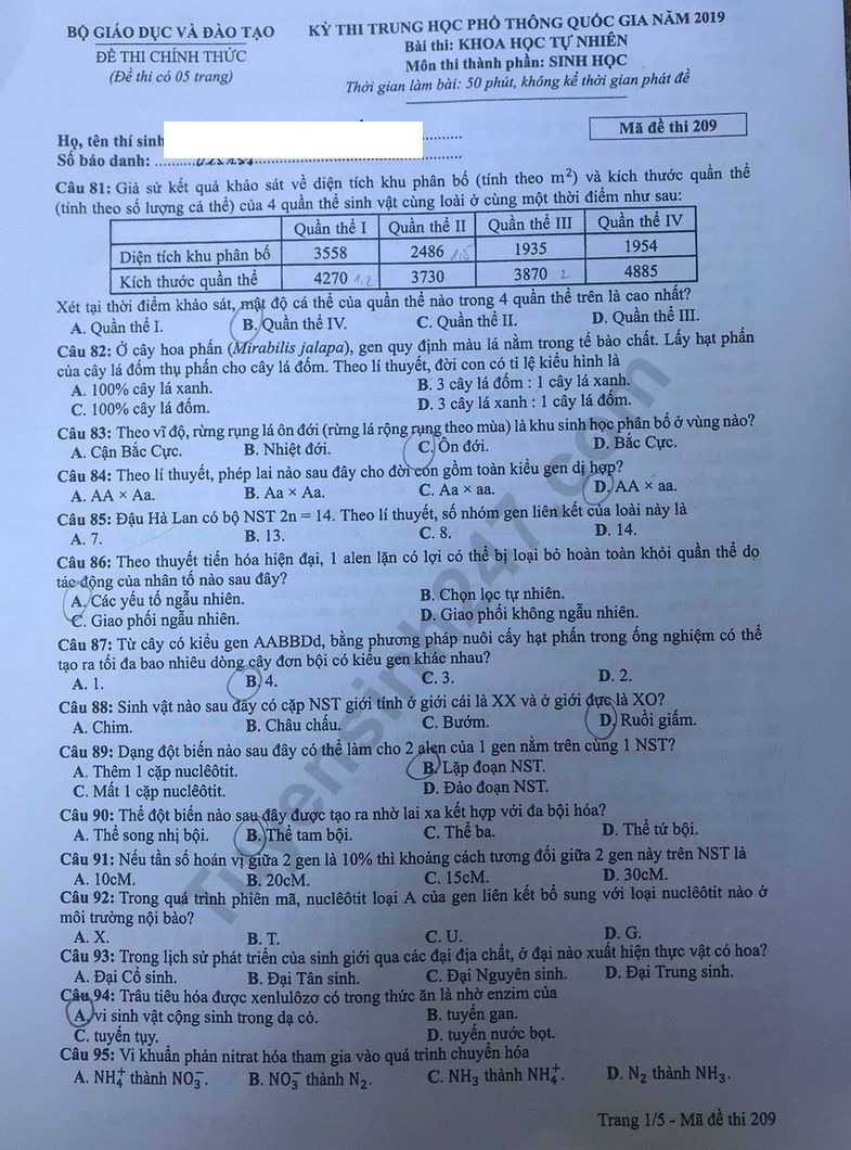 Dap an de thi THPTQG nam 2019 mon Sinh - Ma de 209 cua Bo GD
