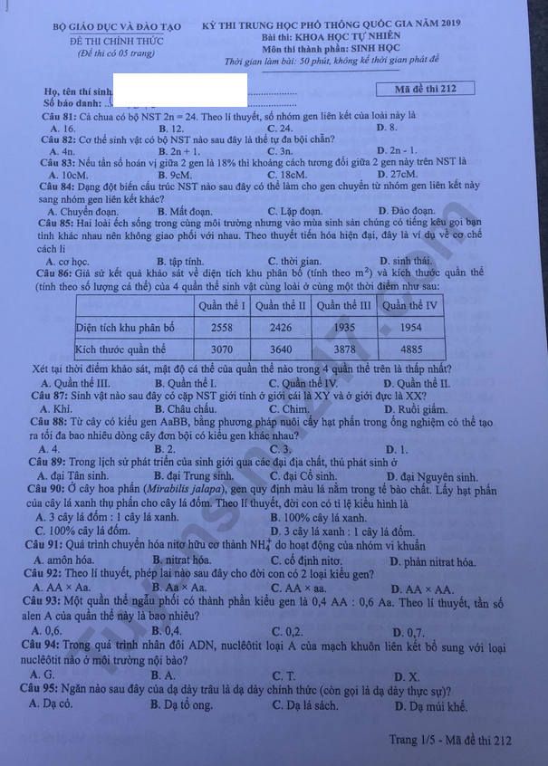 Dap an de thi THPTQG nam 2019 mon Sinh ma de 212 cua Bo GD