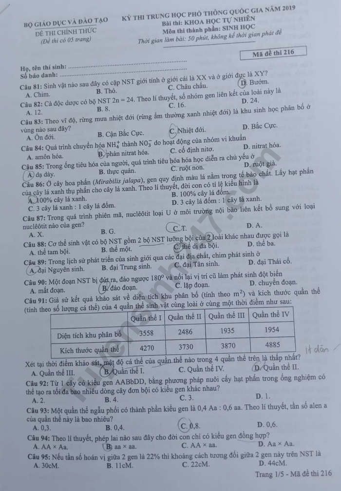 Dap an de thi Sinh thi THPTQG nam 2019 ma 216 cua Bo GD