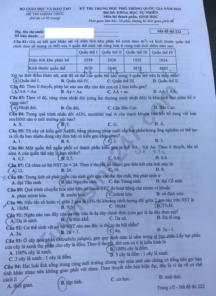 Dap an de thi THPTQG nam 2019 mon Sinh ma de 222 cua Bo GD