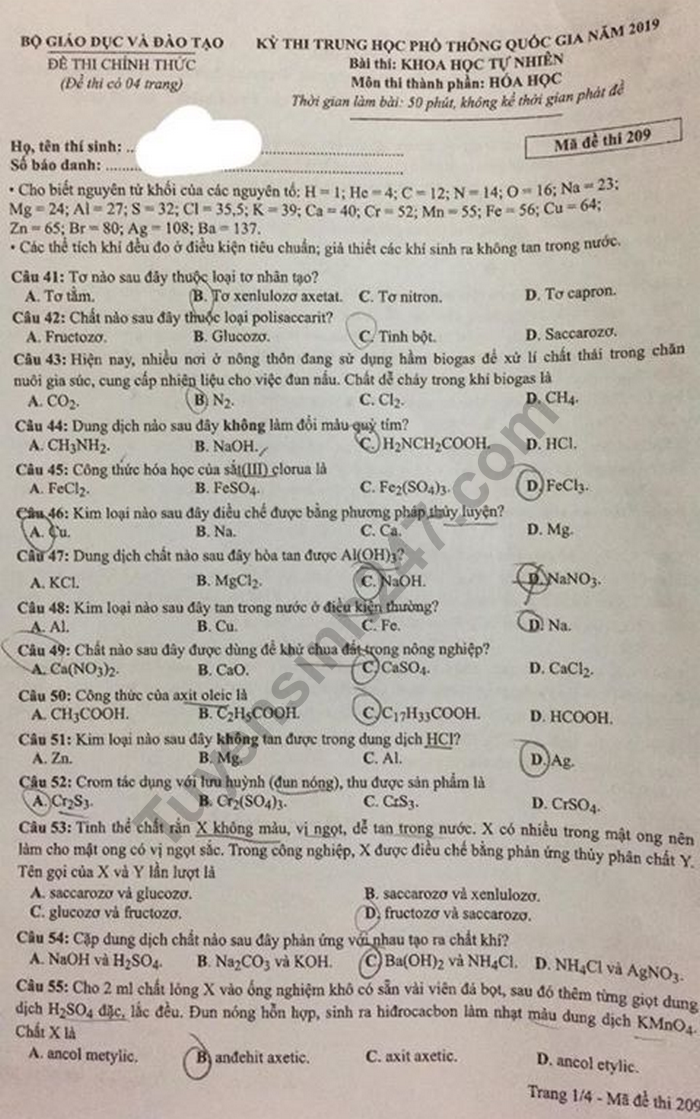 Dap an de thi THPTQG nam 2019 mon Hoa ma 209 cua Bo GD