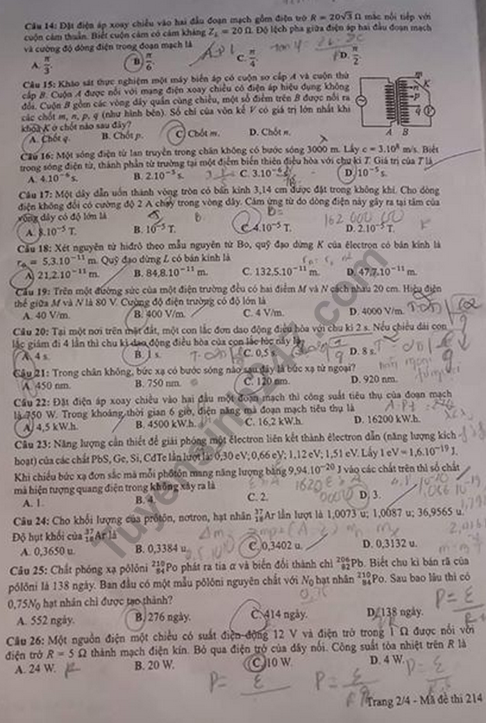 Dap an de thi THPTQG nam 2019 mon Ly ma de 214 cua Bo GD