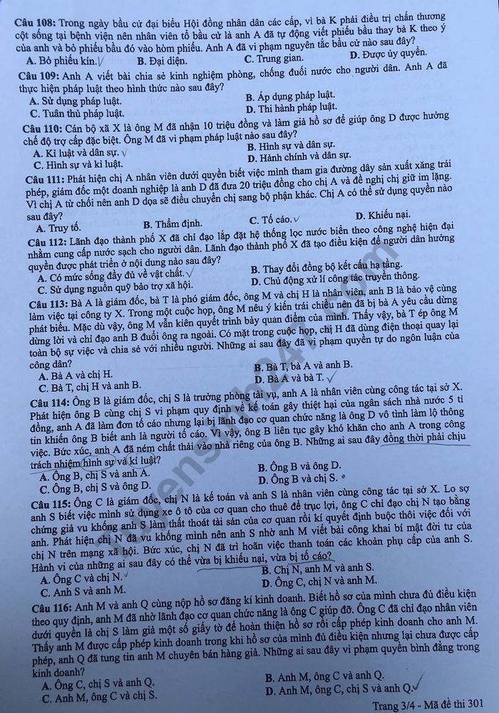 Dap an ma de 301 thi THPTQG nam 2019 mon GDCD cua Bo GD