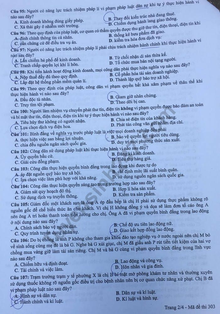 Dap an de thi THPTQG 2019 mon GDCD ma de 302 cua Bo GD
