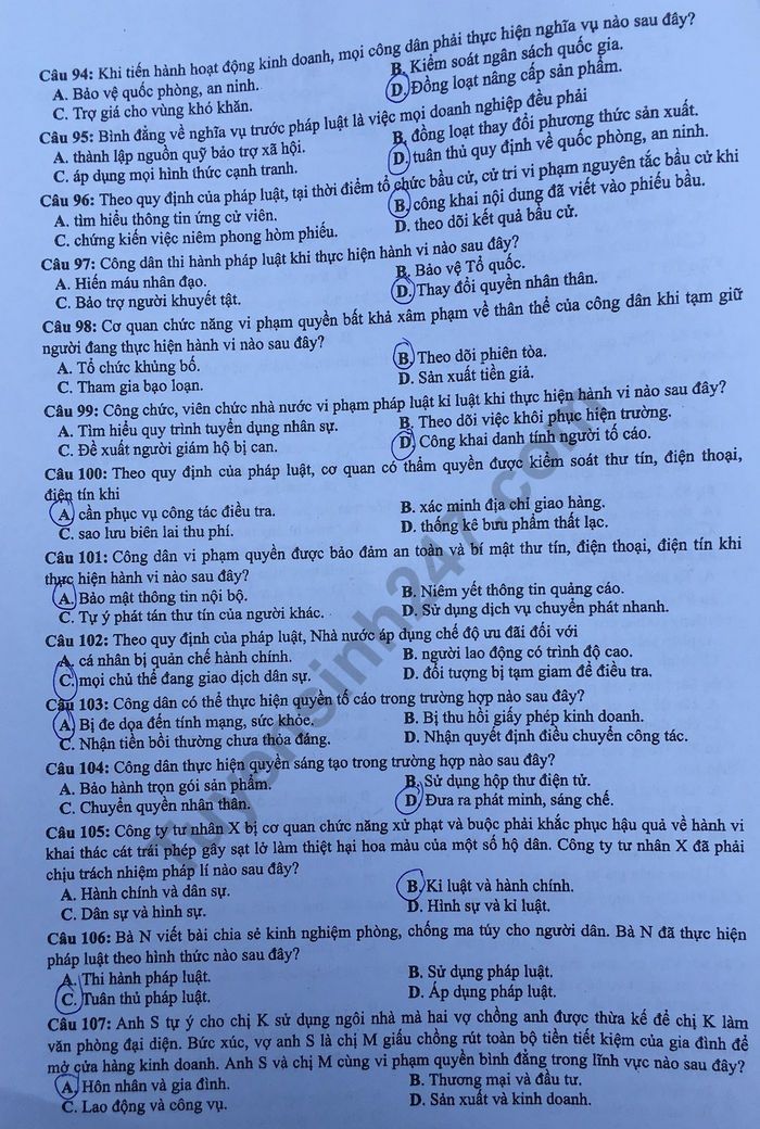 Dap an ma de 304 thi THPT Quoc Gia nam 2019 mon GDCD cua Bo GD
