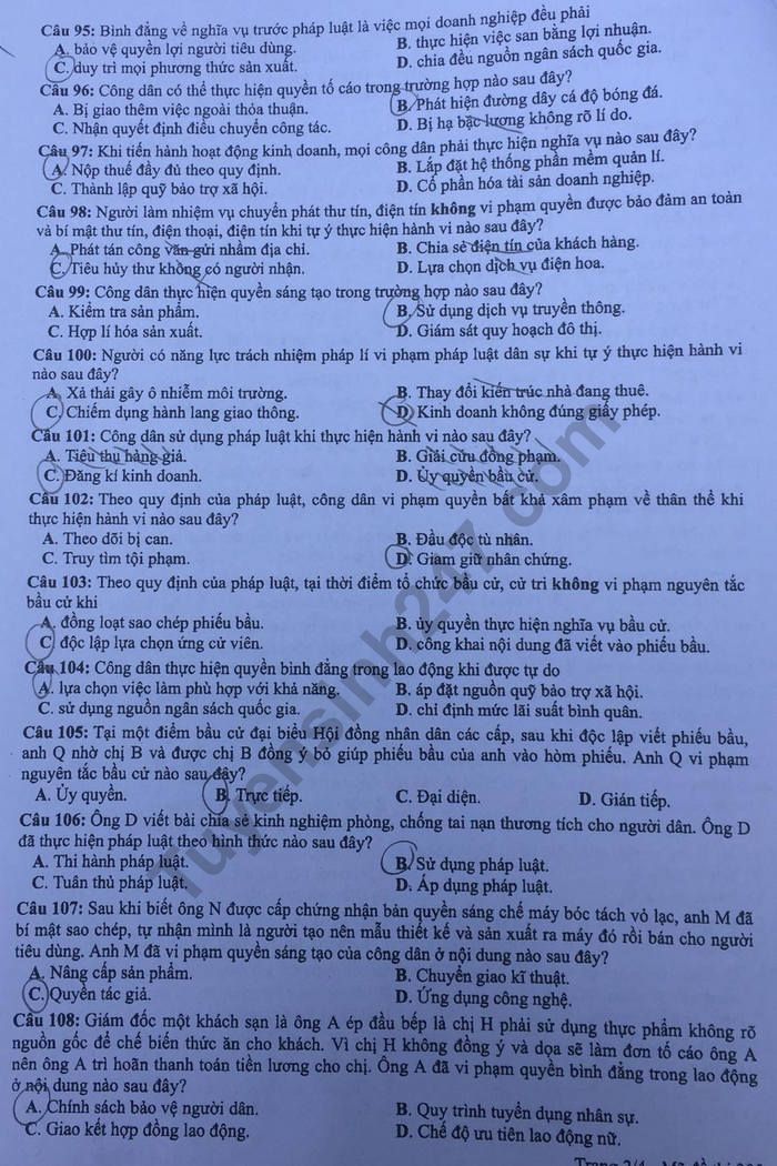 Dap an mon GDCD thi THPT Quoc Gia nam 2019 ma de 305 cua Bo GD