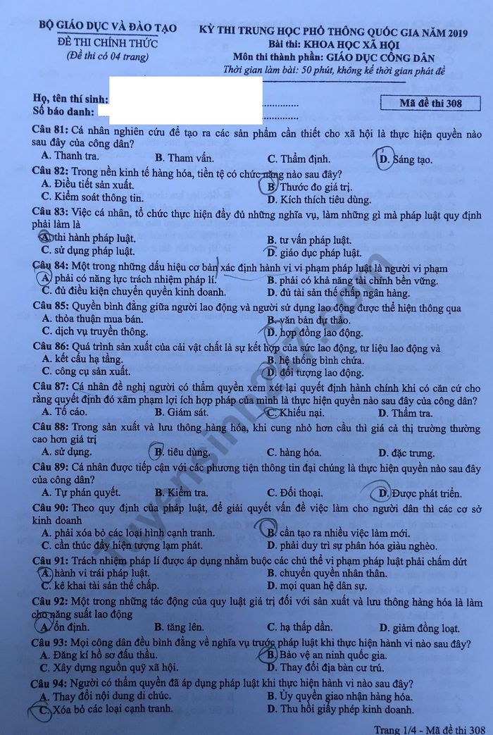 Dap an mon GDCD ma de 308 thi THPT Quoc Gia nam 2019 cua Bo GD