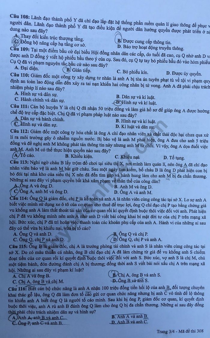 Dap an mon GDCD ma de 308 thi THPT Quoc Gia nam 2019 cua Bo GD