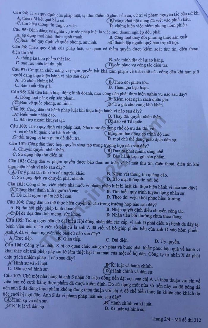 Dap an thi THPT Quoc Gia 2019 ma de 312 mon GDCD cua Bo GD