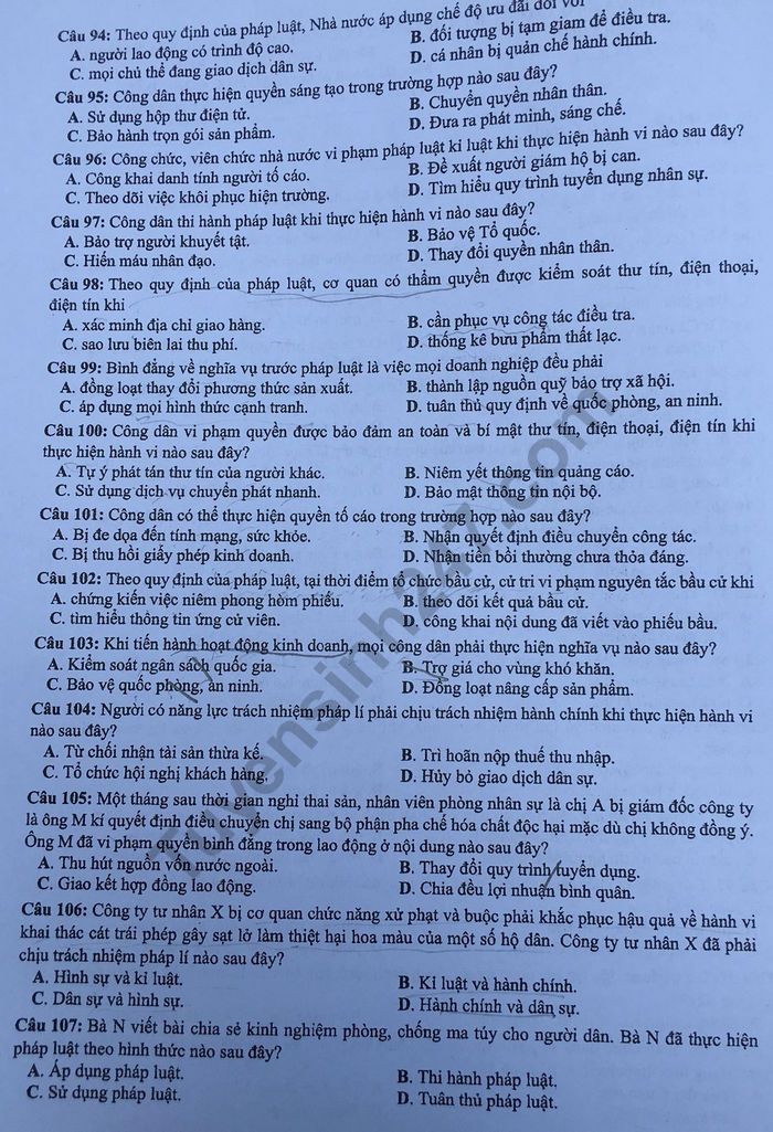 Dap an ma de 314 mon GDCD thi THPTQG 2019 cua Bo GD