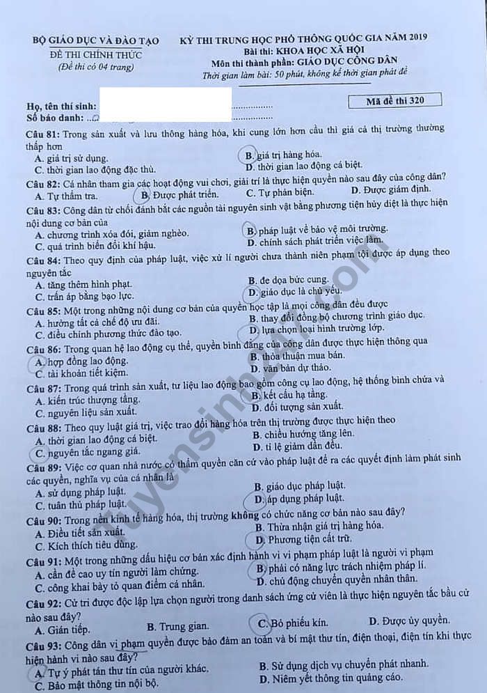 Dap an mon GDCD ma de 320 thi THPT Quoc Gia nam 2019 cua Bo GD