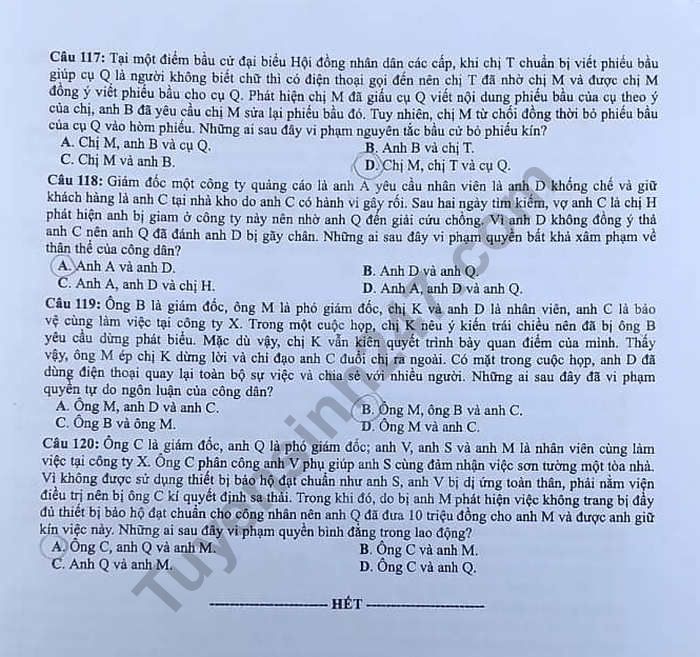 Dap an mon GDCD ma de 320 thi THPT Quoc Gia nam 2019 cua Bo GD