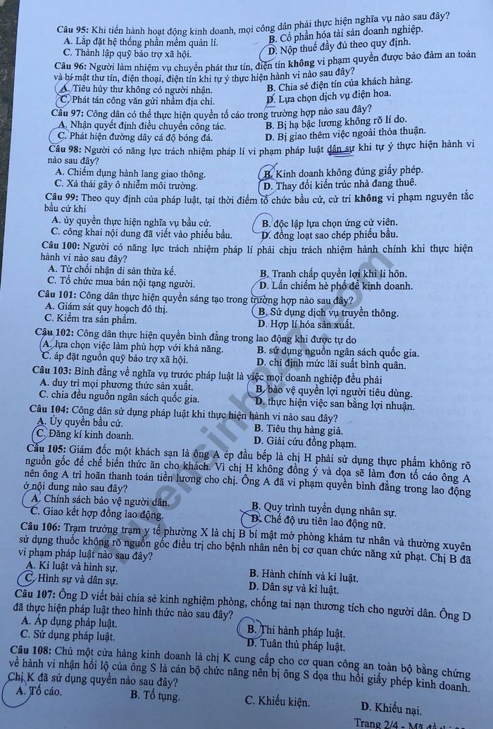 Dap an ma de 321 thi THPT Quoc Gia nam 2019 mon GDCD cua Bo GD