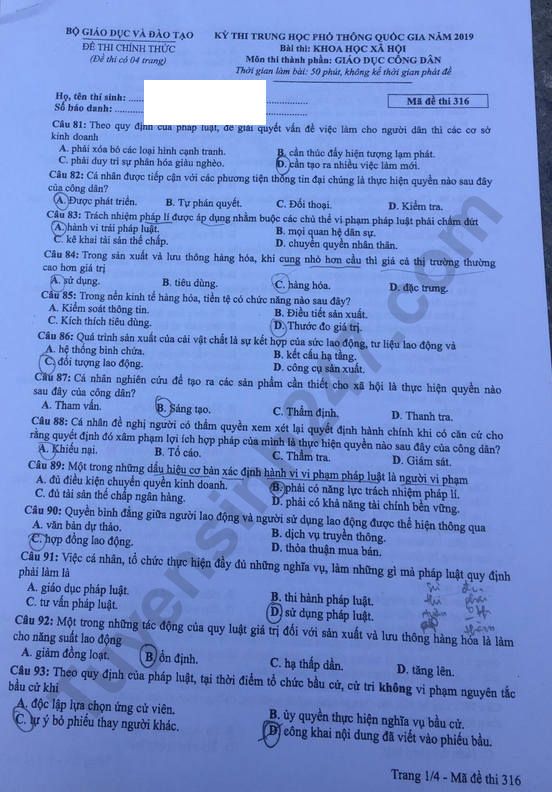 Dap an mon GDCD thi THPTQG 2019 ma de 316 cua Bo GD