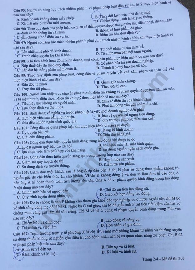 Dap an mon GDCD ma de 303 thi THPT Quoc Gia nam 2019 cua Bo GD