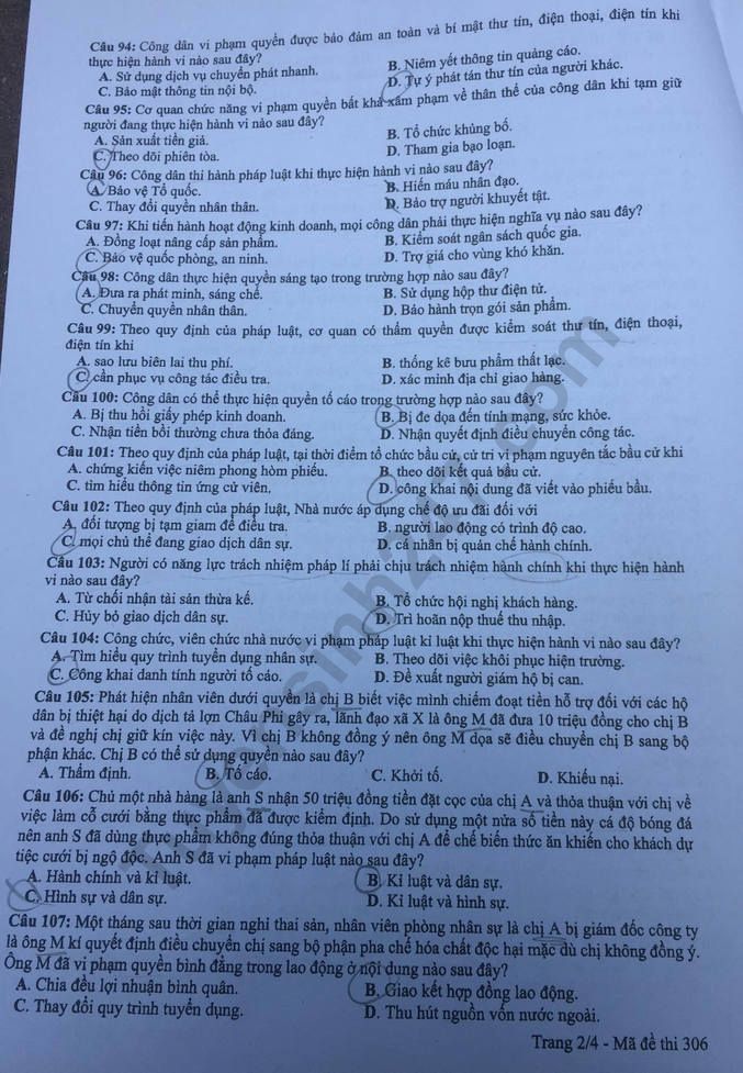 Dap an thi THPT Quoc Gia mon GDCD ma de 306 nam 2019 cua Bo GD
