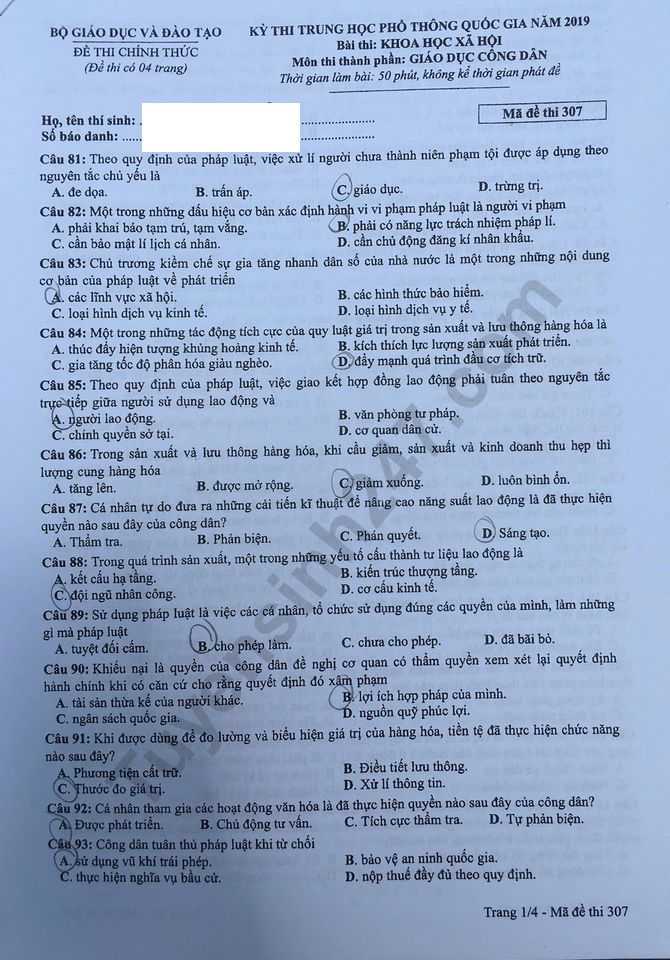 Dap an ma de 307 thi THPT Quoc Gia mon GDCD nam 2019 cua Bo GD