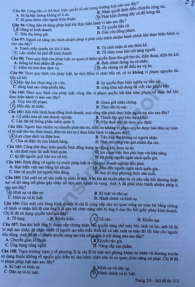 Dap an thi THPTQG nam 2019 ma de 313 mon GDCD cua Bo GD