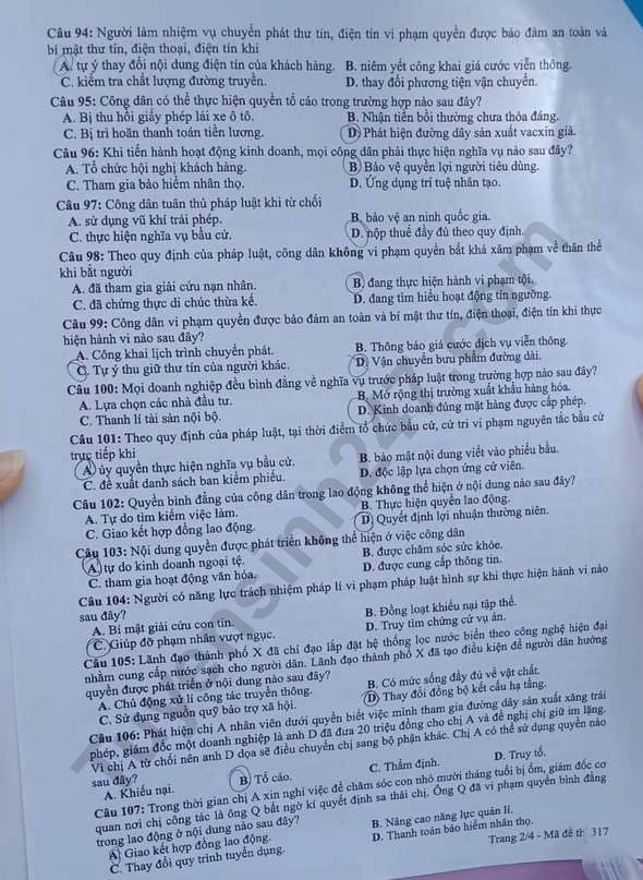 Dap an de thi THPT Quoc Gia mon GDCD ma de 317 nam 2019 cua Bo GD