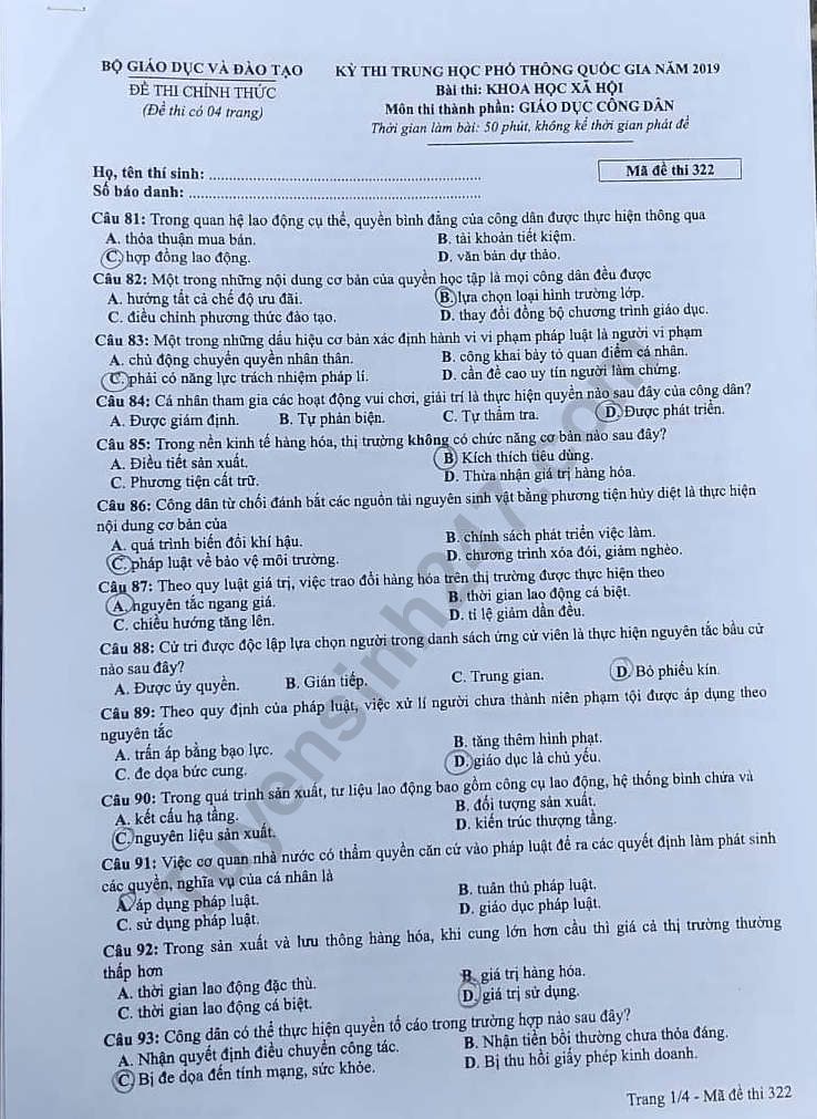 Dap an mon GDCD thi THPT Quoc Gia nam 2019 ma de 322 cua Bo GD