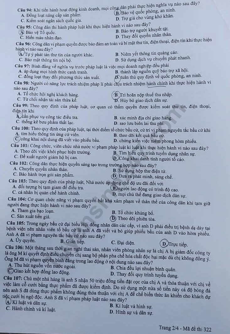 Dap an mon GDCD thi THPT Quoc Gia nam 2019 ma de 322 cua Bo GD