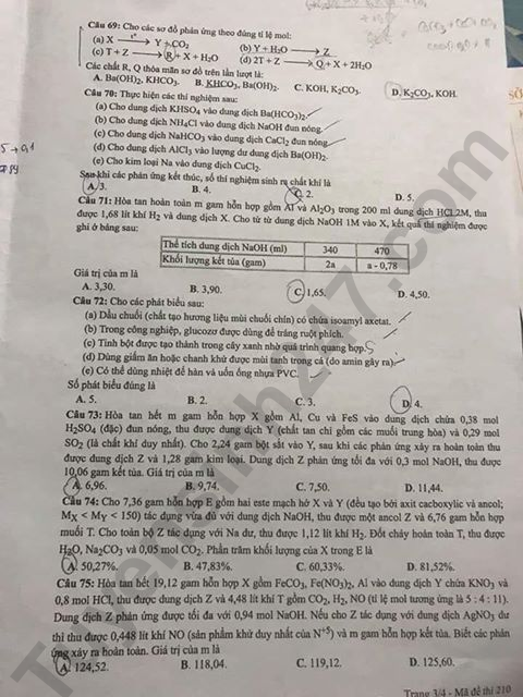 Dap an de thi THPTQG nam 2019 mon Hoa ma de 210 cua Bo GD