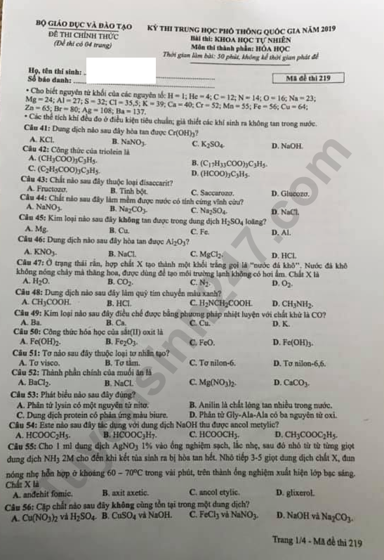 Dap an de thi THPTQG mon Hoa nam 2019 ma de 219 cua Bo GD