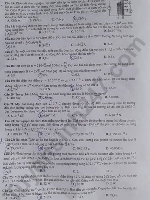 Dap an de thi THPTQG nam 2019 mon Ly ma de 210 cua Bo GD