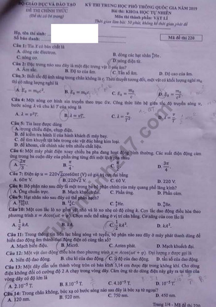Dap an de thi THPTQG nam 2019 mon Ly ma 220 cua Bo GD