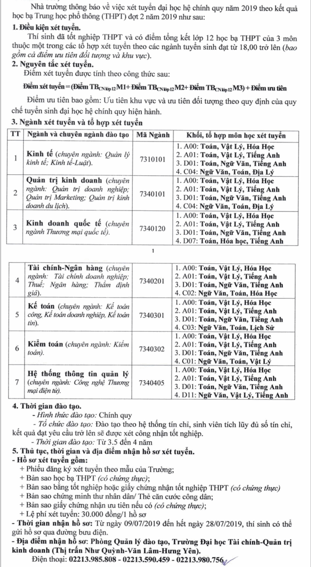 Nguong diem xet tuyen hoc ba dot 2 DH Tai Chinh - Quan Tri Kinh Doanh 2019