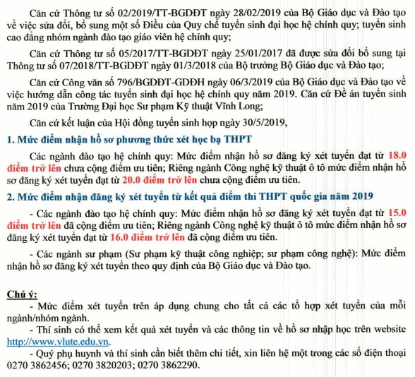 Muc diem nhan ho so xet tuyen Dai hoc Su pham Ky thuat Vinh Long 2019