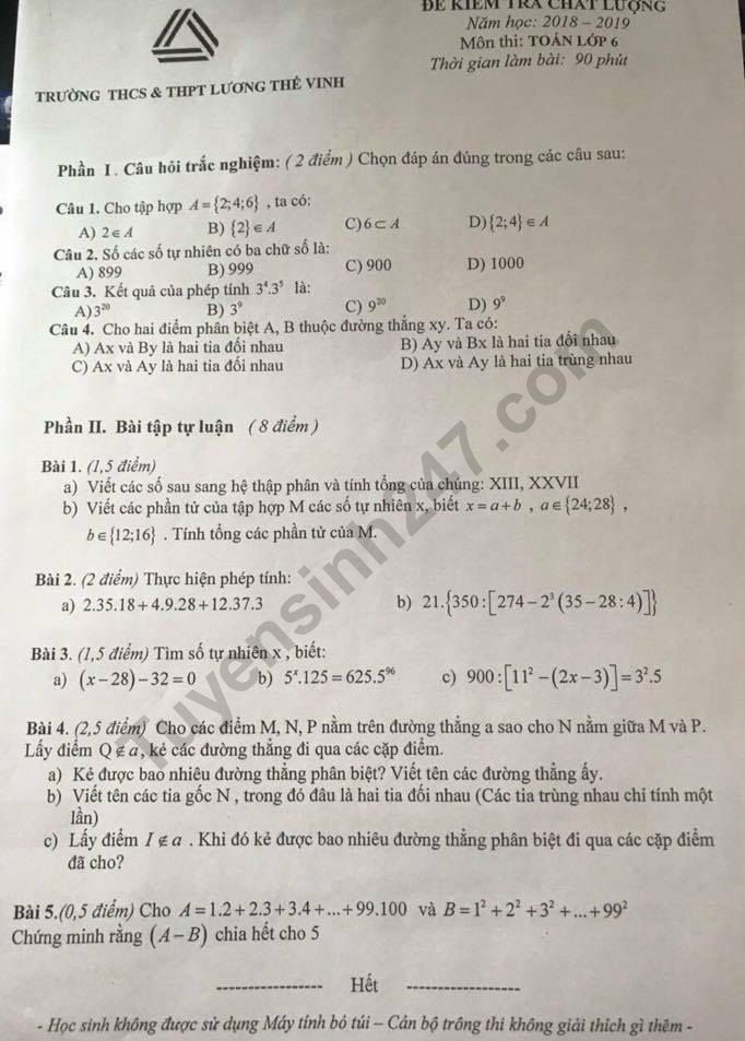 De thi KSCL dau nam mon toan lop 6 Luong The Vinh 2018 - 2019