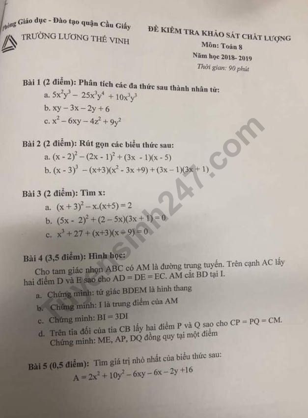De thi khao sat dau nam mon toan lop 8 Truong Luong The Vinh 2018