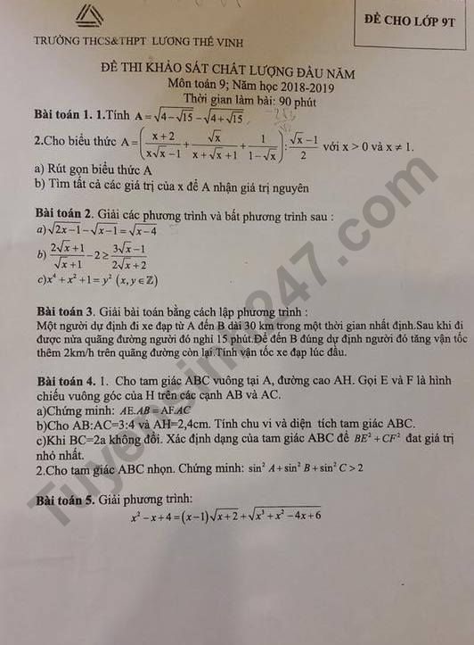 De thi chat luong dau nam lop 9 Luong The Vinh mon Toan 2018-2019