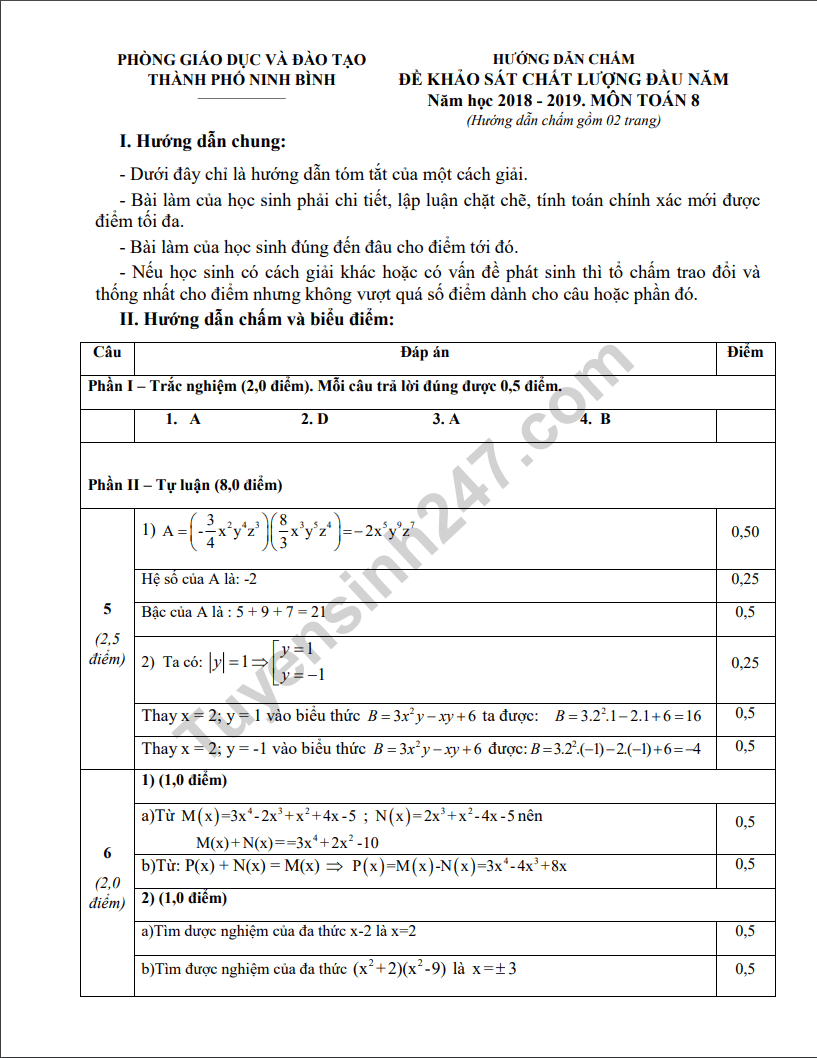 De KSCL dau nam Toan lop 8 co dap an 2018 – 2019 TP. Ninh Binh