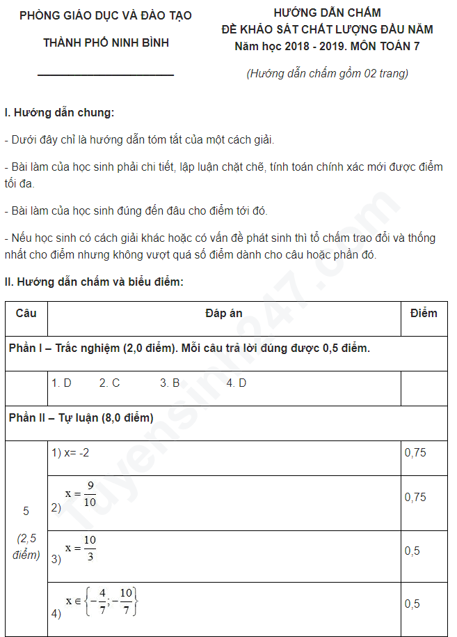 De khao sat dau nam lop 7 mon Toan TP Ninh Binh 2018 - 2019 co dap an