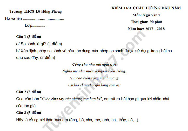 De khao sat chat luong dau nam lop 7 mon Van nam 2018 THCS Le Hong Phong