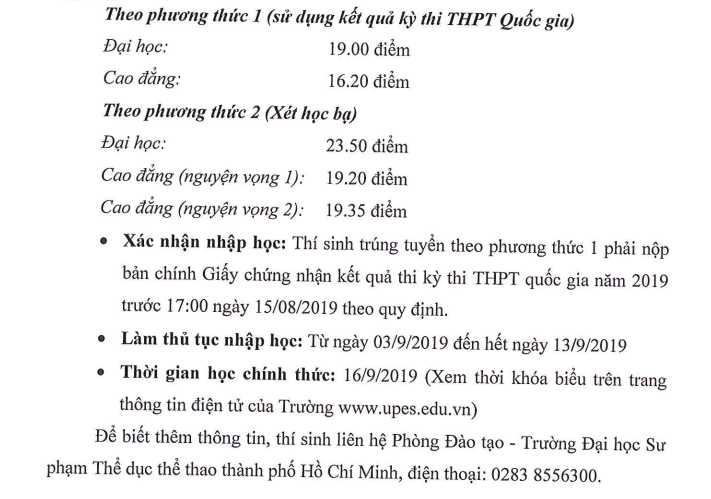 Da co diem chuan Dai hoc Su pham The duc The thao TP.HCM 2019