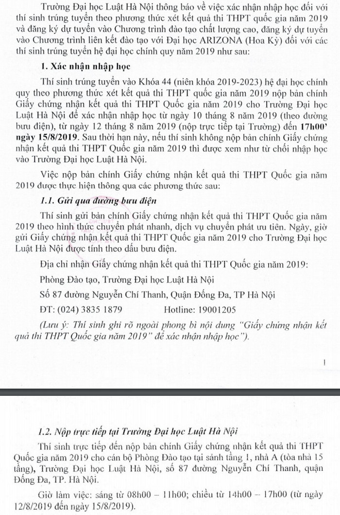 Ho so nhap hoc nam 2019 truong Dai hoc Luat Ha Noi