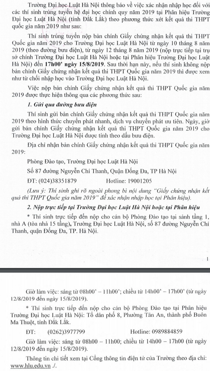 Ho so nhap hoc nam 2019 truong Dai hoc Luat Ha Noi