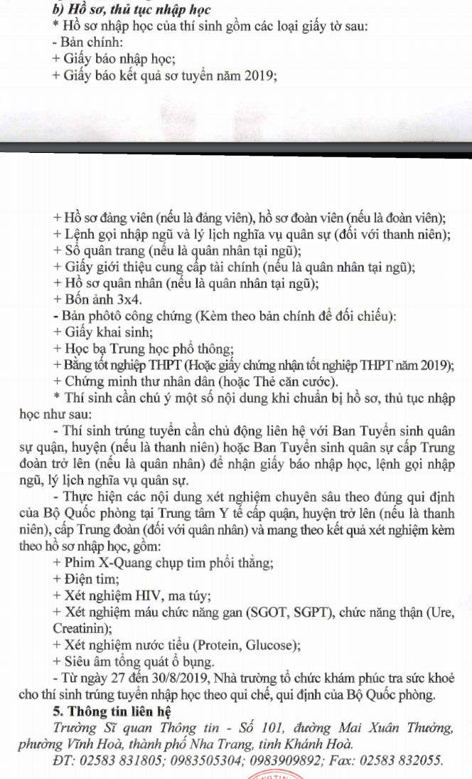 Ho so nhap hoc 2019 cua truong Si Quan Thong Tin