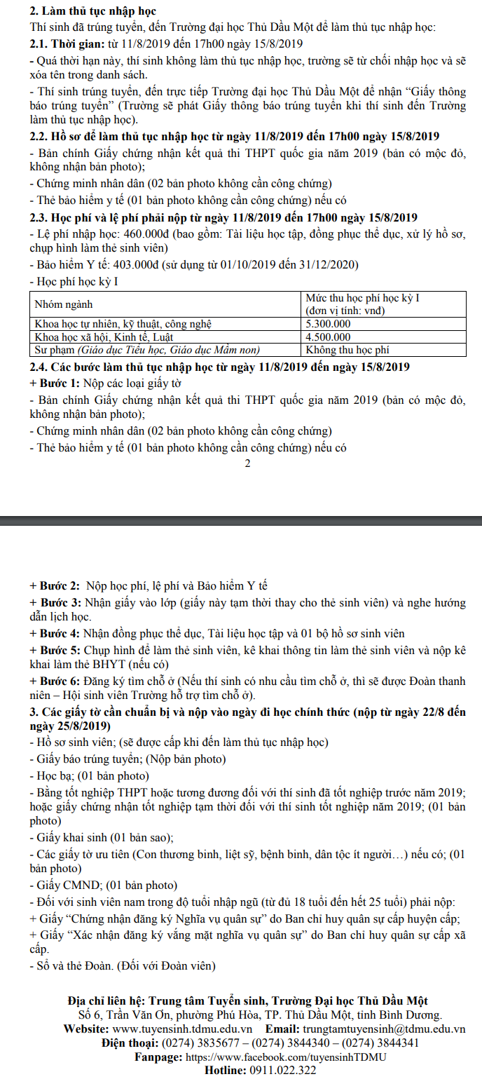 Thu tuc nhap hoc Truong Dai hoc Thu Dau Mot nam 2019