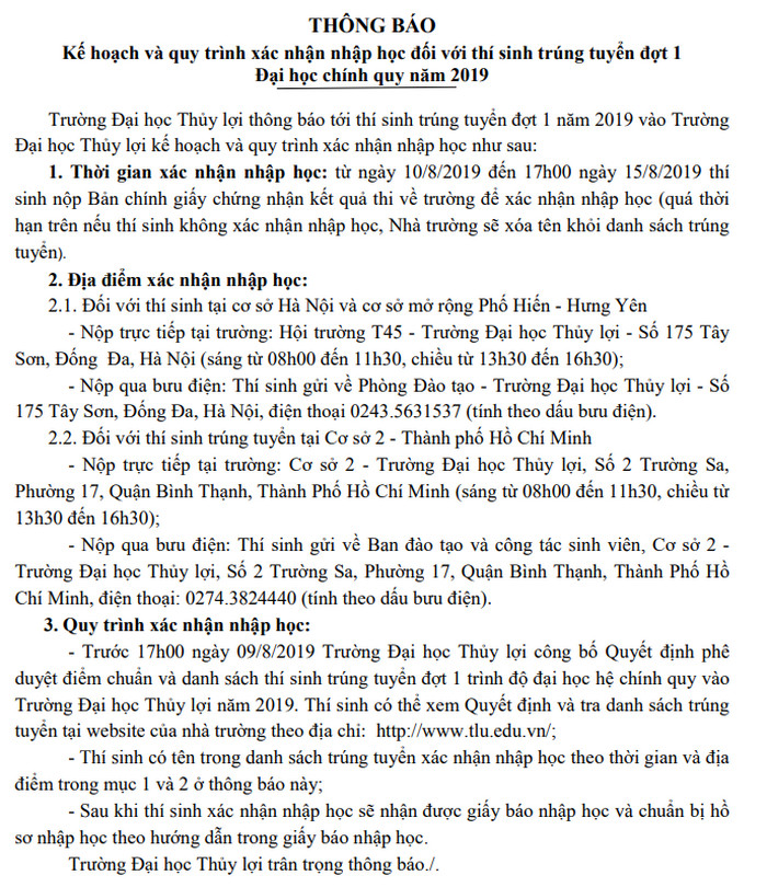 Thu tuc nhap hoc truong Dai hoc Thuy Loi nam 2019