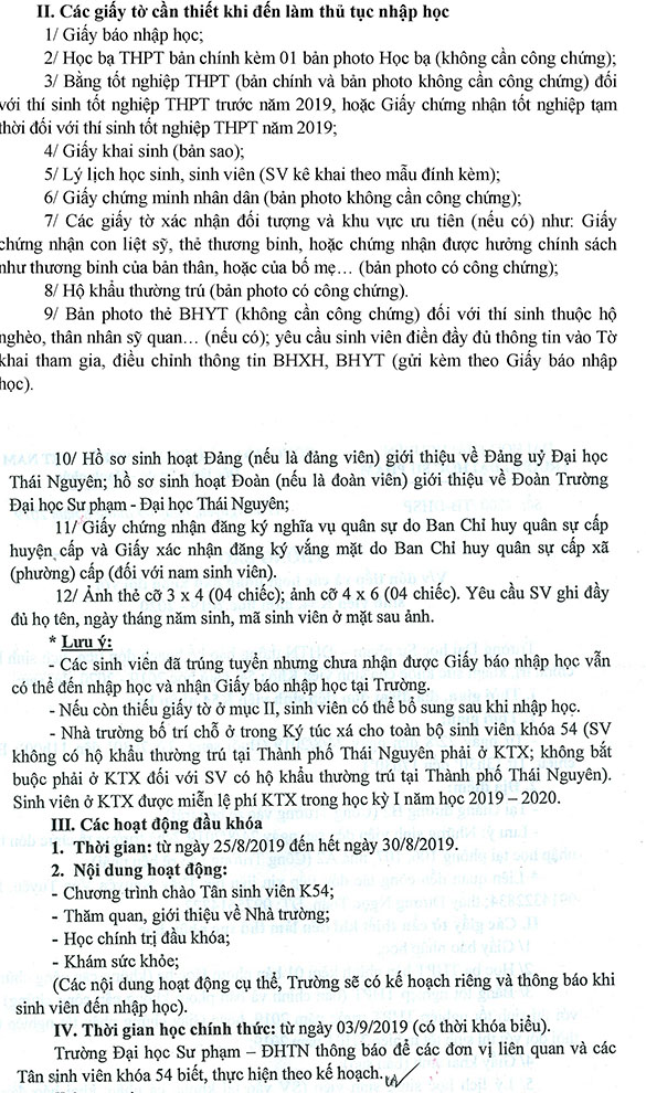 Ho so nhap hoc truong Dai hoc Su Pham - DH Thai Nguyen 2019