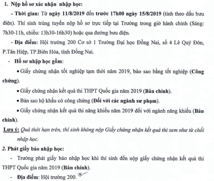 Truong Dai hoc Dong Nai thong bao ho so nhap hoc nam 2019