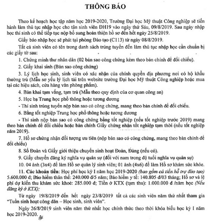 Truong Dai hoc My Thuat Cong Nghiep cong bo ho so nhap hoc nam 2019