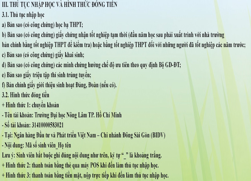 Dai hoc Nong lam TPHCM thong bao ho so nhap hoc nam 2019