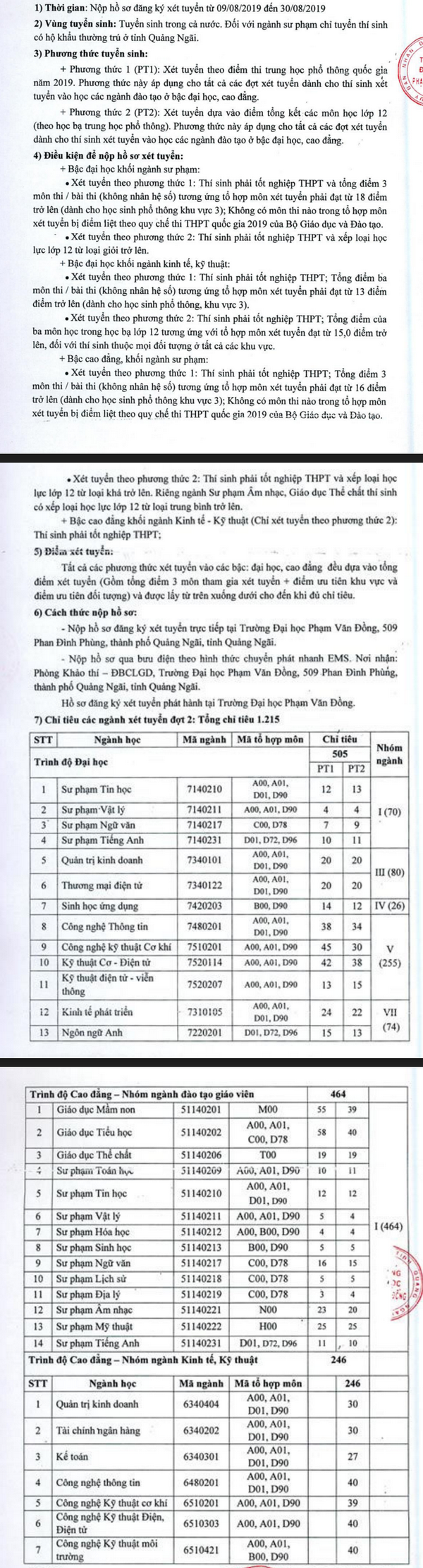Truong Dai hoc Pham Van Dong thong bao xet tuyen bo sung dot 2 nam 2019