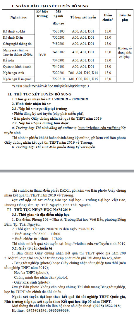 Dai hoc Viet Bac thong bao xet tuyen bo sung dot 1 nam 2019