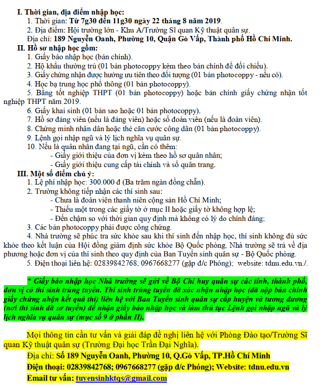 Thu tuc nhap hoc truong Si Quan Ky Thuat Quan Su  2019